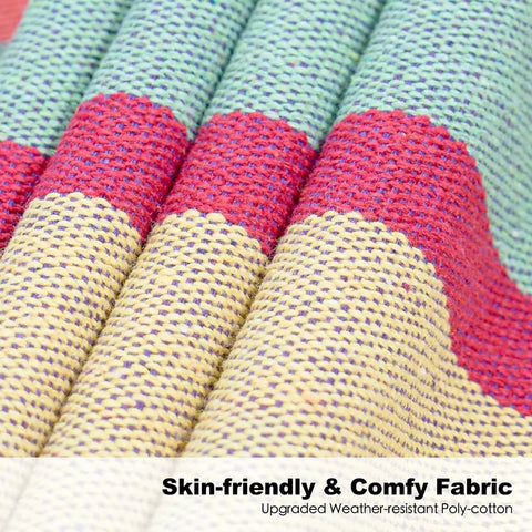 Close-up of colorful fabric used in Double Hammock With Stand For Outdoor Use Upgraded Spreader Bar Heavy Duty Space Saving Steel Stand