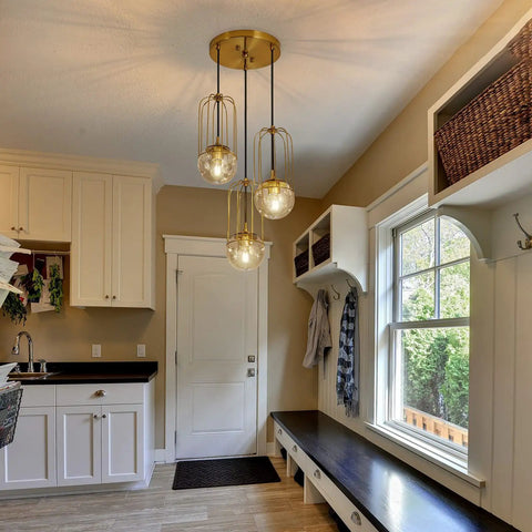 Three Light Mid Century Modern Pendant Light Fixture With Gold Finish Glass Globe And Adjustable Cage Hanging Chandelier