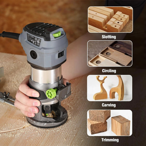 WORKPRO compact router kit, 6.5A corded wood router with green dial, front view