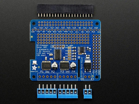 DC And Stepper Motor HAT For Raspberry Pi Mini Kit With Four TB6612 H Bridges, 1.2A Per Channel showing blue circuit board