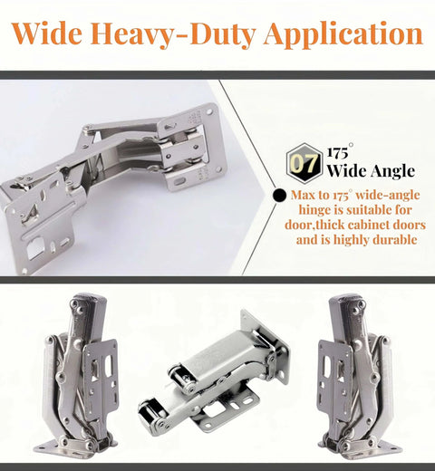 175 Degree Heavy Duty Cabinet Hinges Set For Wide Opening 2 Pair Concealed Hydraulic Hinges, shown in various angles
