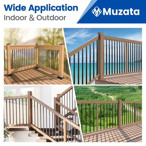25 Pack 36 Inch Aluminum Balusters Round Black For Deck Railing Stairs Porch Spindles Three Quarter Inch Hollow Diameter DIY Friendly Ready To Cut Versatile Fit With Most Connectors displayed on various railings and stairs
