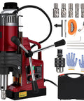 Precision Auto Portable Magnetic Drill Press 1550W Motor with accessories including bits and gloves for metal drilling.