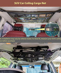 Upgrade Car Ceiling Cargo Net Pocket 31.5x21.6 double layer roof storage organizer installed in SUV interior with red seats
