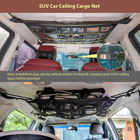 Upgrade Car Ceiling Cargo Net Pocket 31.5x21.6 double layer roof storage organizer installed in SUV interior with red seats