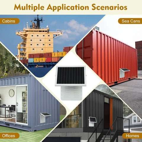 Off Grid Vent Fan For Shipping Containers And Cabins With 15W Panel, Dual Quiet 2688 RPM Fans, in multiple application scenarios