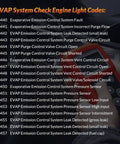 List of EVAP system check engine light codes with handheld diagnostic tool in use