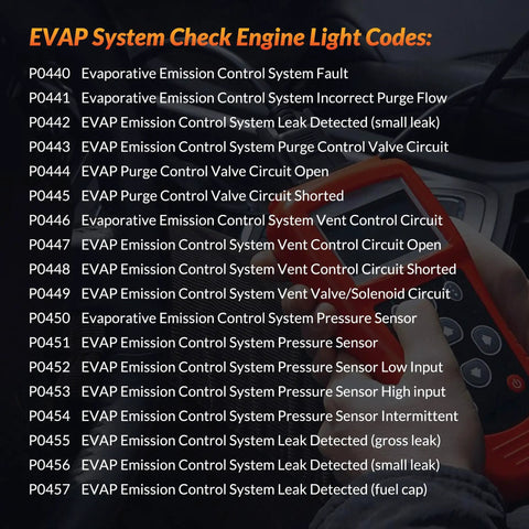 List of EVAP system check engine light codes with handheld diagnostic tool in use