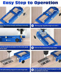 Heavy Duty Door Hinge Jig Kit step-by-step operation guide on blue anodized aluminum template for precise cabinet hinge installations.