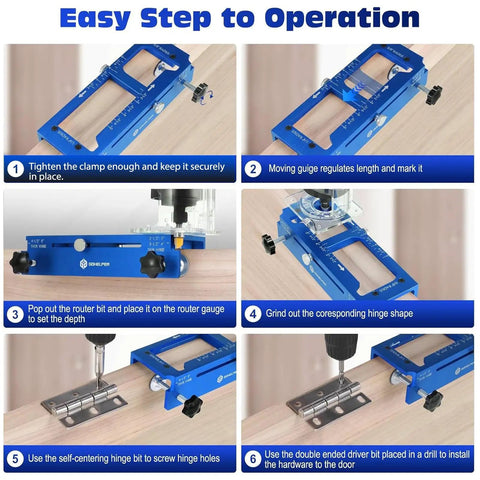 Heavy Duty Door Hinge Jig Kit step-by-step operation guide on blue anodized aluminum template for precise cabinet hinge installations.