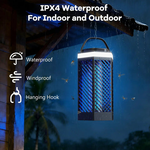 Rechargeable Bug Zapper For Indoor And Outdoor Use, 8000mAh Battery, hanging under a roof in rain, LED light visible