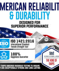 Heavy Duty 10x12 Waterproof Tarp Plastic Cover with grommets next to American flag, showcasing durability and ISO 1421:2016 certification.