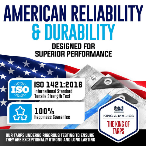 20x20 Waterproof Tarp With Grommets Every 18 Inches 5 Mil Heavy Duty Reversible Blue Silver Rain Cover with American flag