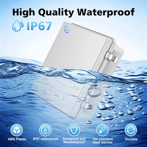 Heavy Duty Waterproof Outdoor Junction Box IP67 Rated Weatherproof ABS Plastic Electrical Enclosure submerged in water.