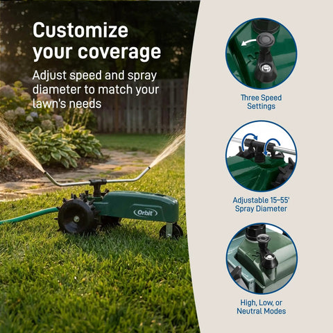 Self Propelled Traveling Sprinkler Delivers Hands Free Wide Lawn Coverage With A Rugged Cast Iron Body Adjustable Coverage