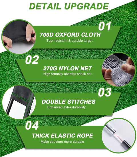 Details of All In One 10x7 Foot Golf Practice Net With Tri Turf Mat showing 700D cloth, 270G nylon net, double stitches, elastic rope.