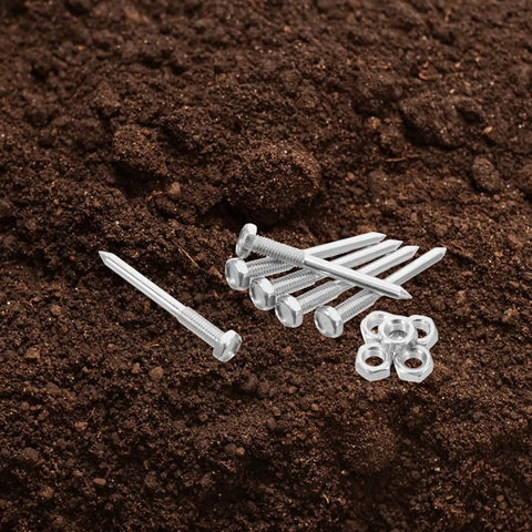 30 Piece Lawn Aerator Shoes Spikes Set For Lawn Care And Yard Maintenance, silver spikes on soil