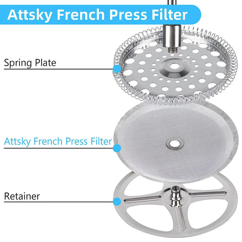 Six Piece Replacement French Press Filter Set Four Inch Stainless Steel Mesh Screens Ultra Fine 100 Mesh With Reinforced Center Ring display