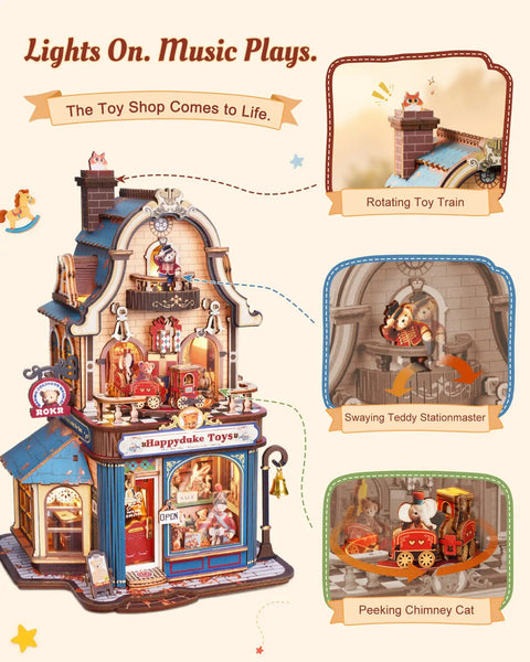 Build Your Own Bear Toy Store Miniature House Kit With 3D Wooden Puzzles And Moving Mechanics, DIY dollhouse with rotating train