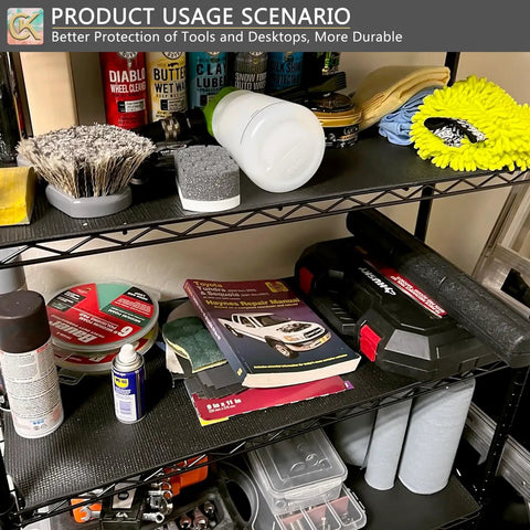 Garage shelf with Thickened Foam Toolbox Liner Mat For Tool Boxes And Workbenches, Heavy Duty Cushioned Pad, 16 by 6 inches, black.
