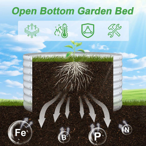 Cross-section view of Two Pack Round Galvanized Steel Raised Garden Beds 2x2x1.5 Ft Outdoor Planter Boxes For Vegetables And Flowers Durable Anti Corrosion Metal Garden Bed Kit In Silver with open base showing root growth and nutrient flow.