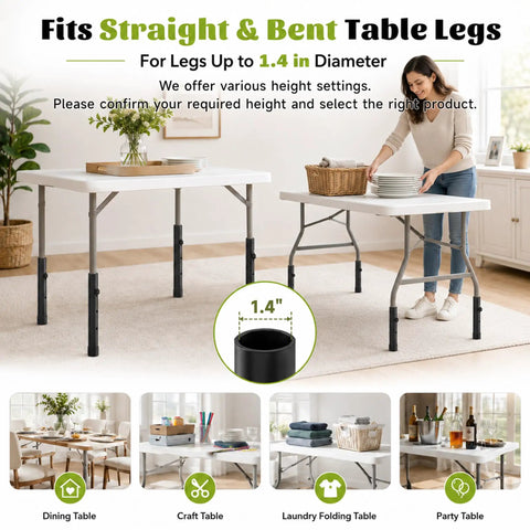 Kick Your Daily Desk Setup Up A Notch With These Heavy Duty Adjustable Table Leg Extenders Boasting Eight Smooth Height Levels To Easily Elevate Your Workspace Three To Ten Inches For Comfy Crafting, shown in a room with two tables and height settings.