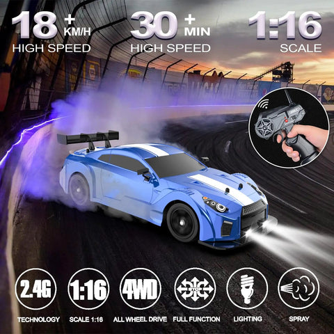 Beast Speed 1 16 Scale RC Drift Car 4WD Remote Control Racer with LED lights drifting on track, 2.4GHz remote shown