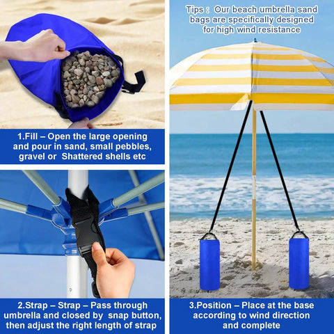Two Pack 10L Beach Umbrella Sand Bags With 50x18 Cm Fillable Anchors Heavy Duty 600D Oxford 10-15 Kg Load Capacity Includes 2 Blue Bags