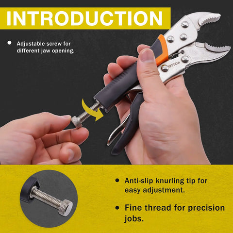 Close-up of Five Pack Locking Pliers Set With Curved Jaw And Long Nose Precision Grips In 5 Inch 7 Inch 9 Inch And 10 Inch Sizes adjustment feature