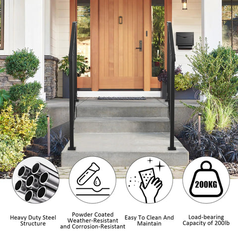 Heavy Duty 3 Step Outdoor Handrail Kit In Matte Black Wrought Iron For Concrete Or Wood Porch Stairs, installed on a concrete porch.