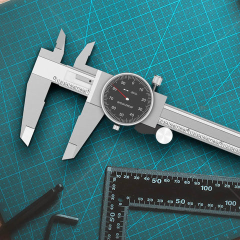 Top view of Dial Caliper With Shockproof Black Dial Face, 0-6 In Range, 0.001 In Resolution, Four-Way Measurement on cutting mat