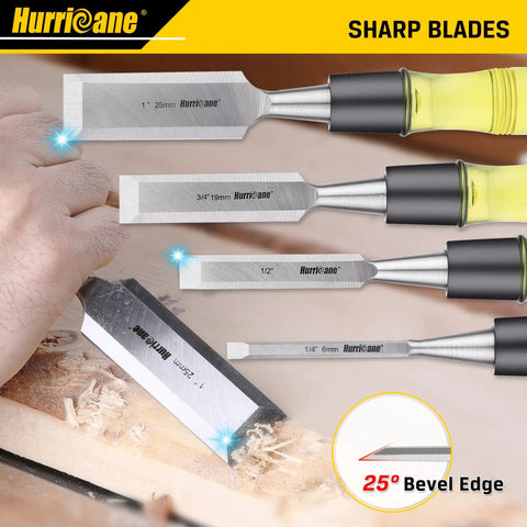 4 Piece Wood Chisel Set For Woodworking With CR-V Steel Beveled Edge Blades, Safety Caps, And A Durable PVC High Impact Handle