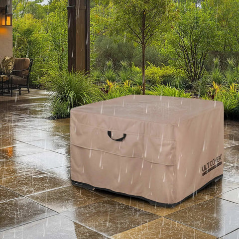 Square 44 Inch Patio Fire Pit Table Cover Waterproof Outdoor Shield Keeps Rain Snow Leaves And Bird Droppings Out With Beefy 600D Polyester And Breathable Vents For Easy Airflow And Long Lasting Protection covering a table in rain on a patio