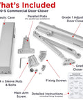 Heavy Duty Commercial Door Closer With Ada Grade One Certified Automatic Self Closing Design components including adjustable door closer, bolts, and instructions.