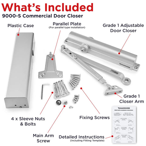Heavy Duty Commercial Door Closer With Ada Grade One Certified Automatic Self Closing Design components including adjustable door closer, bolts, and instructions.