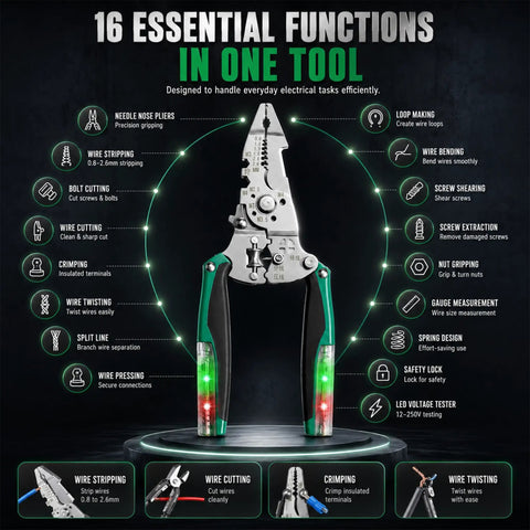 Heavy Duty 16 In 1 Foldable Wire Stripper With Integrated Voltage Tester Crimping Pliers And Screw Cutter image showing multi-functional tool design.