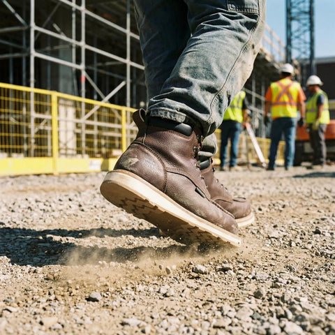 Six Inch Steel Toe Boots With Moc Toe, Lace Up Safety Boots For Men, Oil And Slip Resistant, on a construction site