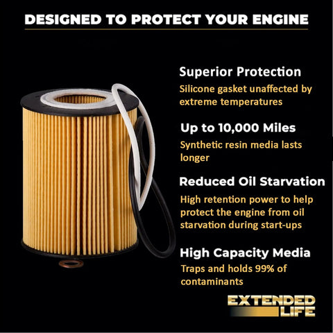 Long Lasting Oil Filter For 10K Miles With That Synthetic Blend Media, Ultra Efficient 25 Micron Filtration, product features shown