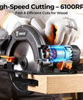 Professional Grade 7 1 4 Inch Circular Saw Featuring A Robust 1600 Watt Motor And 11 7 Amps Of Kick Ass Cutting Power For Heavy Duty Woodworking Projects At 6100 Rpm Lightweight Portable Design cutting through wood with visible motor.