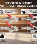 Four Pack Heavy Duty Push Pull Toggle Clamps With Beefy Hold And 99 Pound Load Rating 190 Degree Angled Handle for secure woodworking jigs