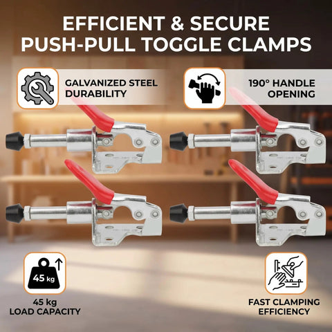 Four Pack Heavy Duty Push Pull Toggle Clamps With Beefy Hold And 99 Pound Load Rating 190 Degree Angled Handle for secure woodworking jigs
