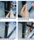 Installation steps of Stair Banister Guard Netting Kit For Kids And Pets 2 Pack 18 Ft By 2.6 Ft Mesh Safety Net with ties.