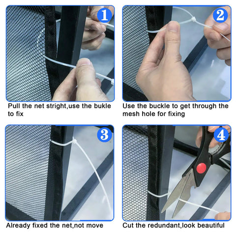 Installation steps of Stair Banister Guard Netting Kit For Kids And Pets 2 Pack 18 Ft By 2.6 Ft Mesh Safety Net with ties.