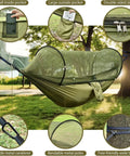 Mosquito Net Camping Hammock With Lightweight Parachute Nylon setup in a park, features pockets, zipper, and tree straps.