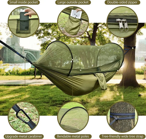 Mosquito Net Camping Hammock With Lightweight Parachute Nylon setup in a park, features pockets, zipper, and tree straps.