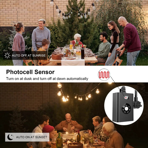 Outdoor Timer With Auto Light Sensor Dusk To Dawn, Waterproof Plug-In Socket With Two Grounded Outlets For Holiday Decor, group enjoying dinner under lights.
