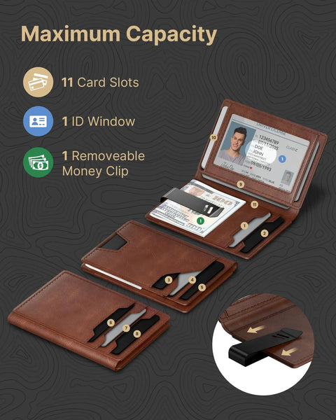 Leather Wallet For Men RFID Blocking Card Holder Slim Minimalist Front Pocket Carry With ID Window And Money Clip Room For 11 To 15 Cards And Bills Durable Brown open with cards and ID visible