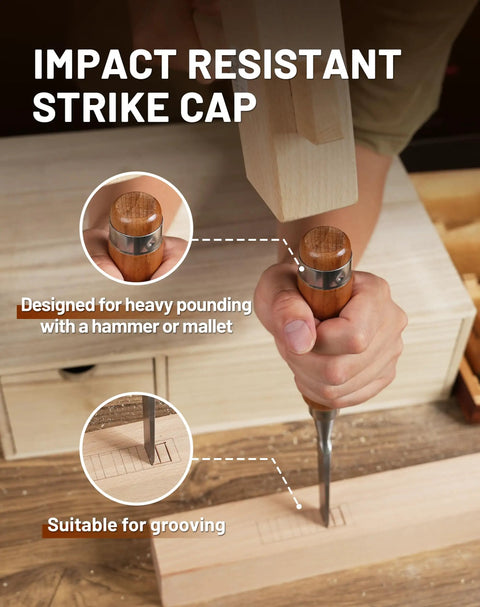 Carpenter using Six Piece Pro Grade Wood Chisel Set With Premium Wooden Case for precise carving and mortising in woodshop