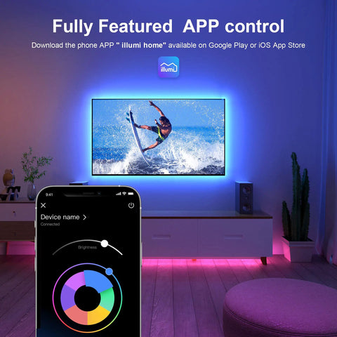 LED TV Backlight Kit 16.4 Feet RGB Strips for 55-75 Inch TV with App Remote, enhancing living room ambiance.