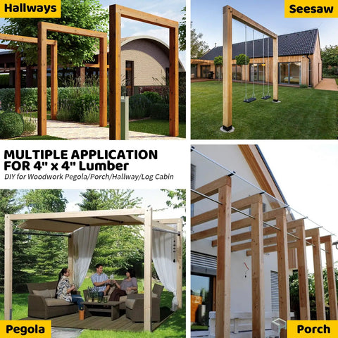 Collage of outdoor pergola, seesaw, porch, hallway structures for DIY with Built To Last Galvanized Steel 2 Way Pergola Brackets Kit